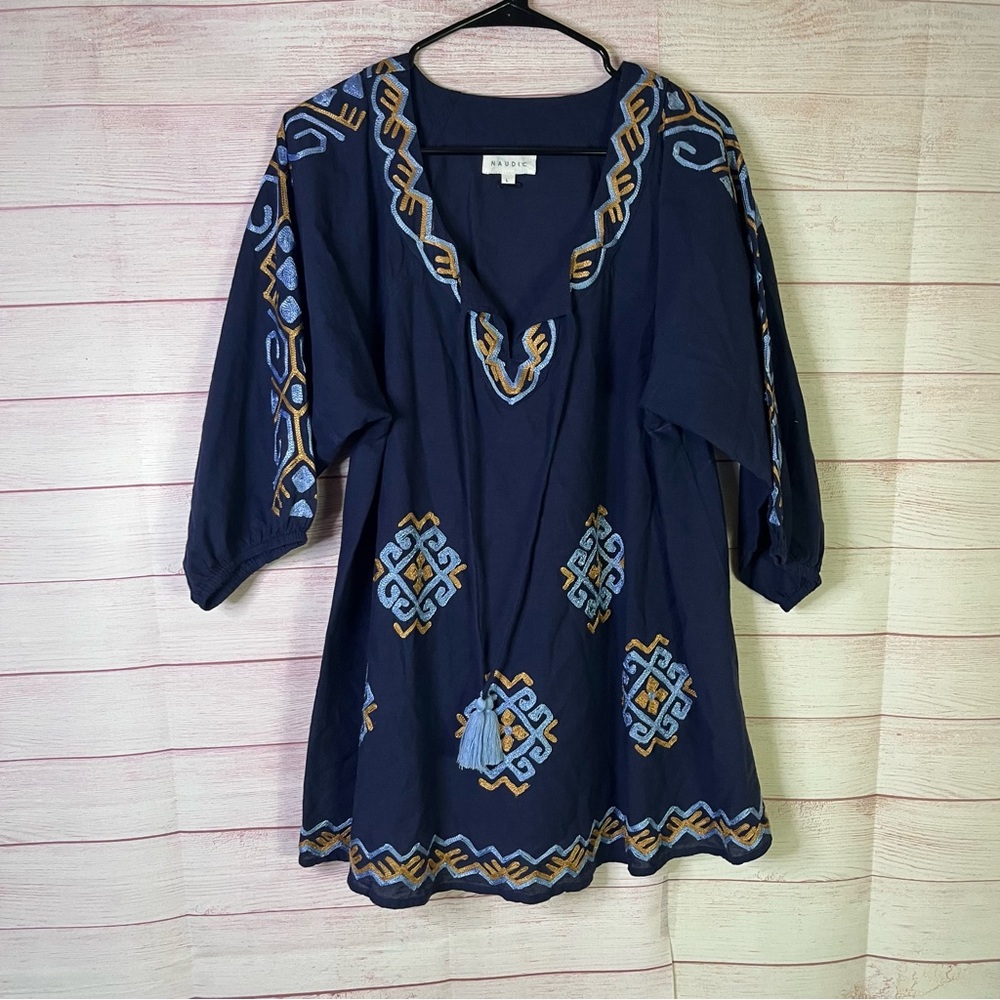 Naudic Navy Blue‎ Embroidered Tassel Tie Tunic Top Size Large